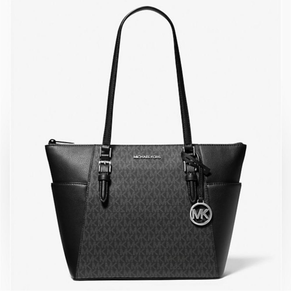 NWT, Michael Kors Charlotte Large TZ Tote, Saffiano Leather & Gray Sig Print